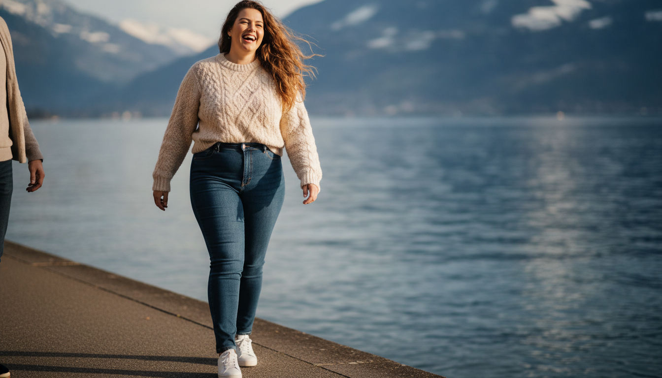 Kurvige Frau spaziert selbstbewusst in Jeans und Pullover am Schweizer Seeufer