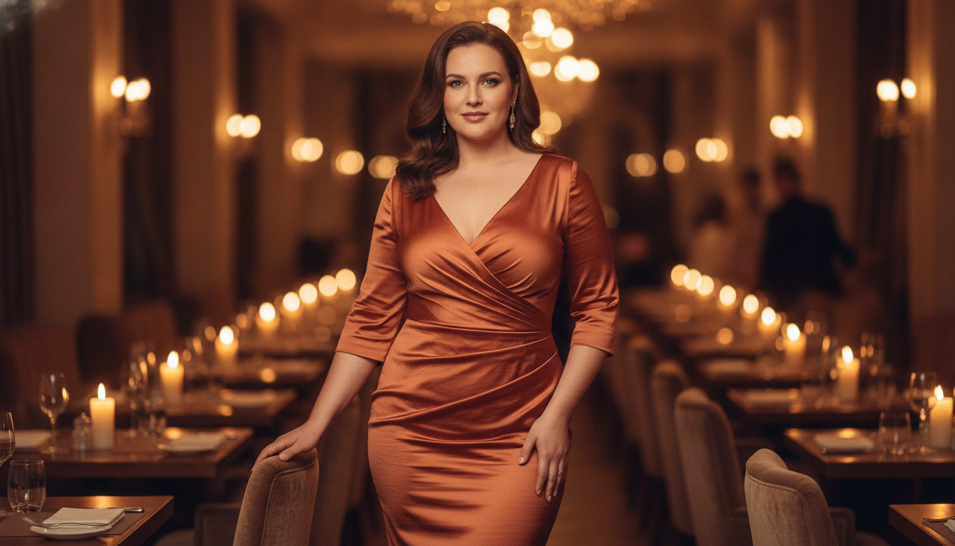 Kurvige Frau im eleganten Dinner-Kleid in stilvollem Restaurant mit warmem Licht