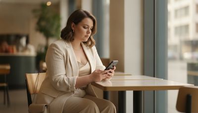 Kurvige Frau prüft nachdenklich eine Nachricht auf dem Smartphone im Café